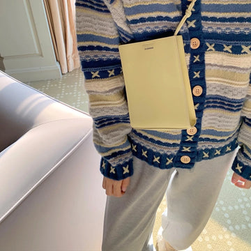 Getadme-Autumn Vintage Cardigan Sweater Blue Long Sleeve Sweater Coat V-neck Casual Knitted Jumpers Womens Korean Style Clothes